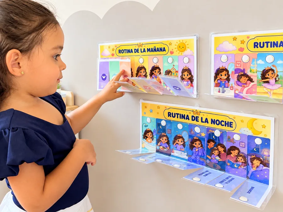 Niña interactuando con sus rutinas visuales de la mañana y de la noche