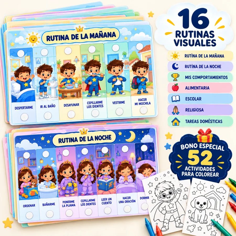 Kit completo con 16 rutinas visuales y 52 páginas para colorear